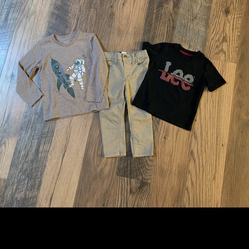 Set of 2T/3T Boys Clothes Old Navy Tan Pants/Lee Black Shirt / Pekkle Tan Shirt